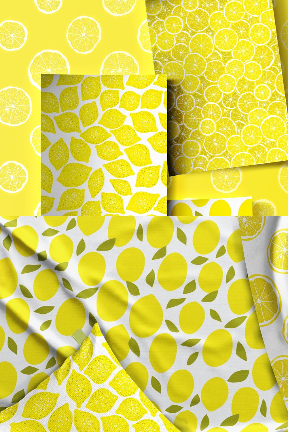 Lemons, 6 seamless patterns pinterest preview image.