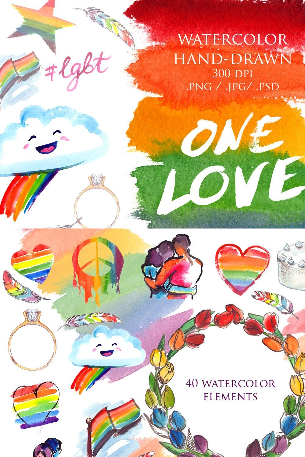 LGBT Pride rainbow watercolor set pinterest preview image.