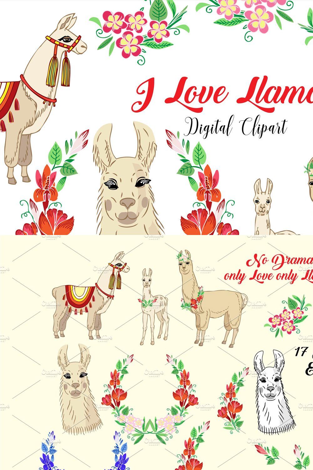 Llama Clipart with red flowers pinterest preview image.