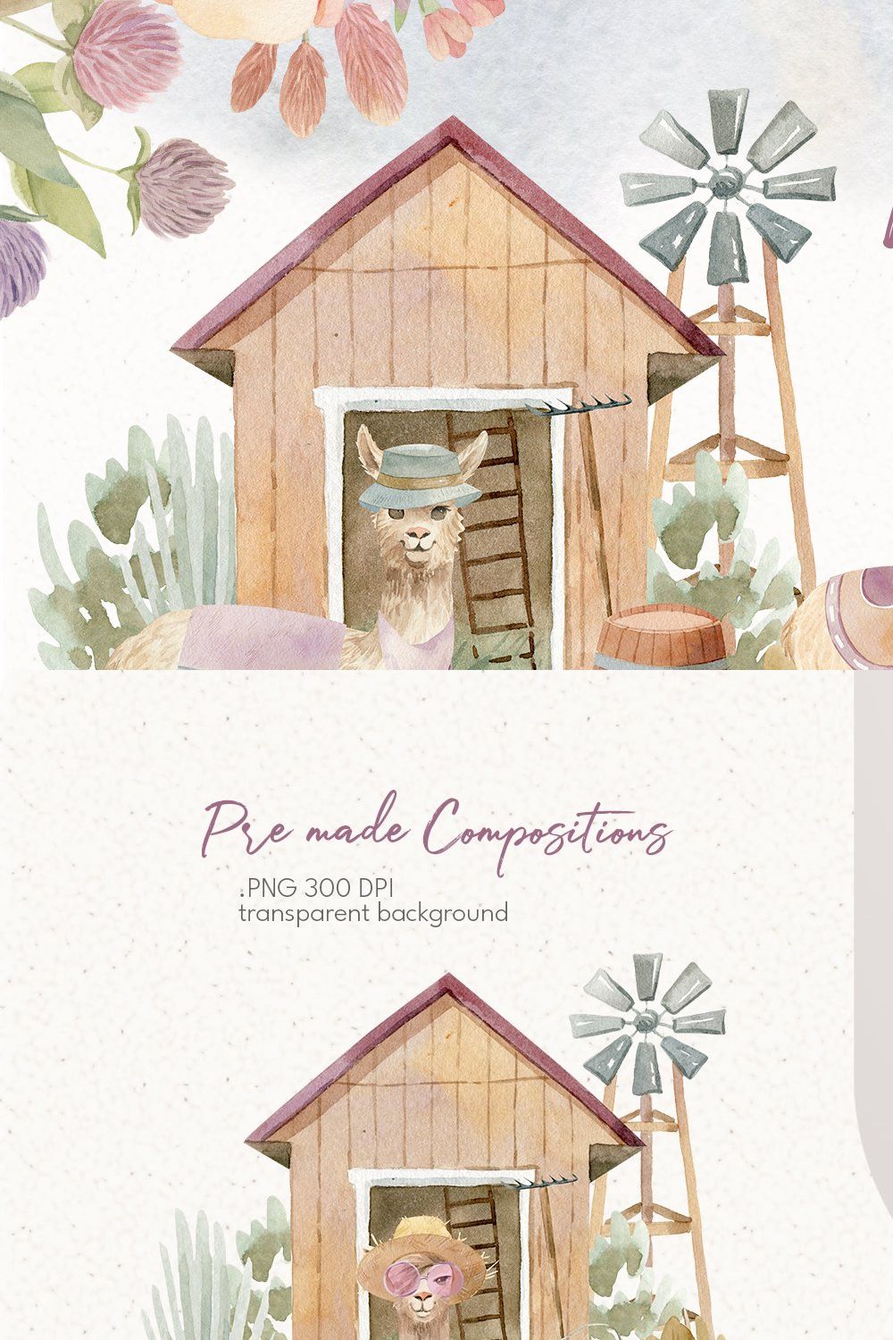 Llama Farm Watercolor Clipart pinterest preview image.