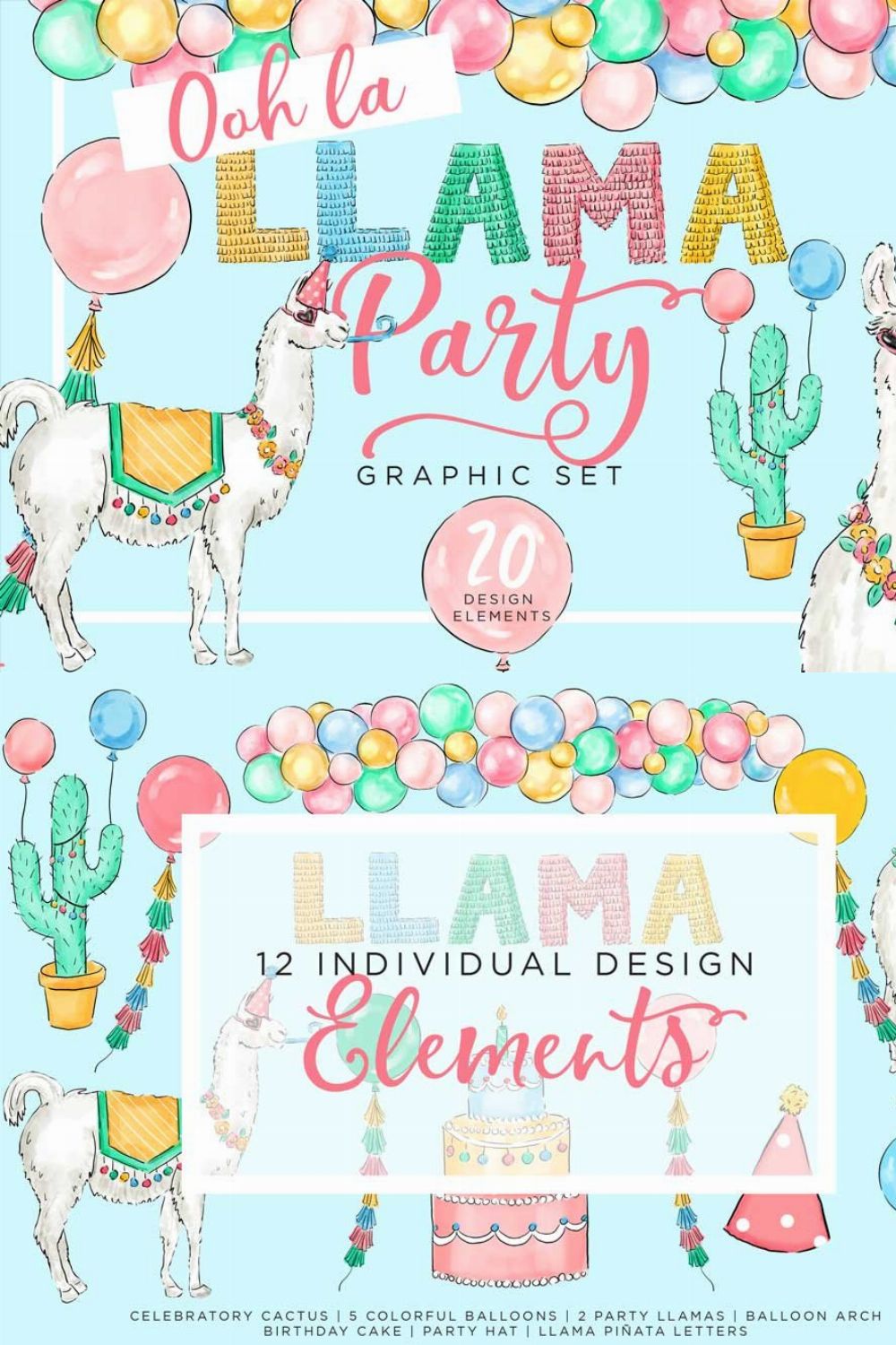 Llama Party Design Elements pinterest preview image.