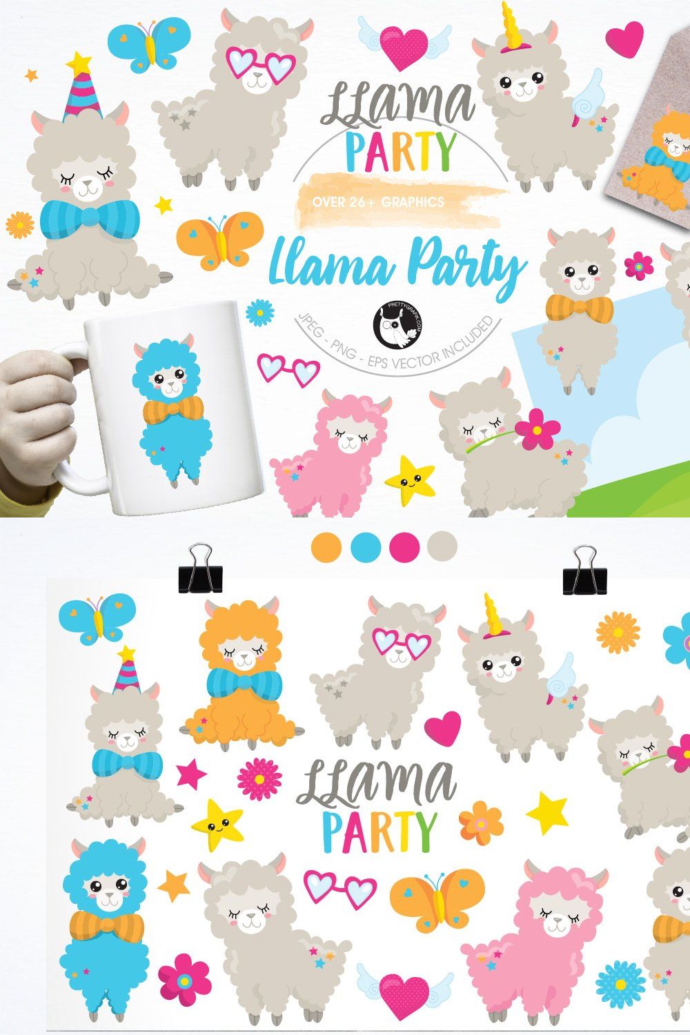 Llama party illustration pack pinterest preview image.