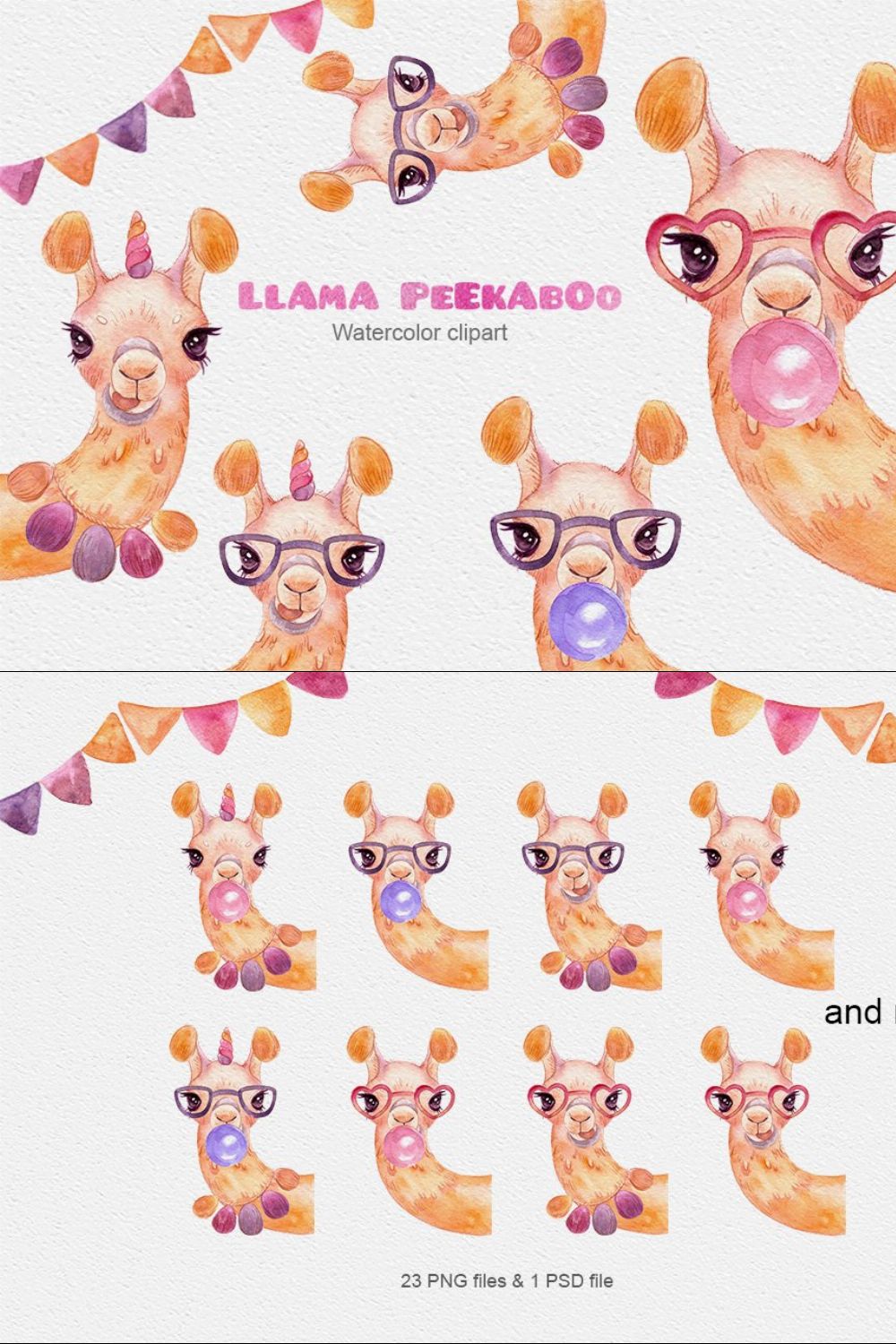 Llama peekaboo - watercolor clipart pinterest preview image.