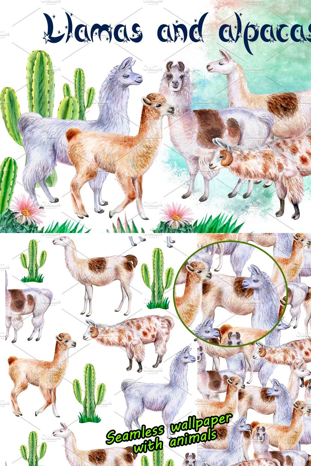 Llamas and alpacas. Watercolor. pinterest preview image.