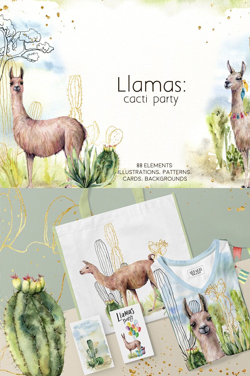 Llamas: cacti party watercolor llama pinterest preview image.