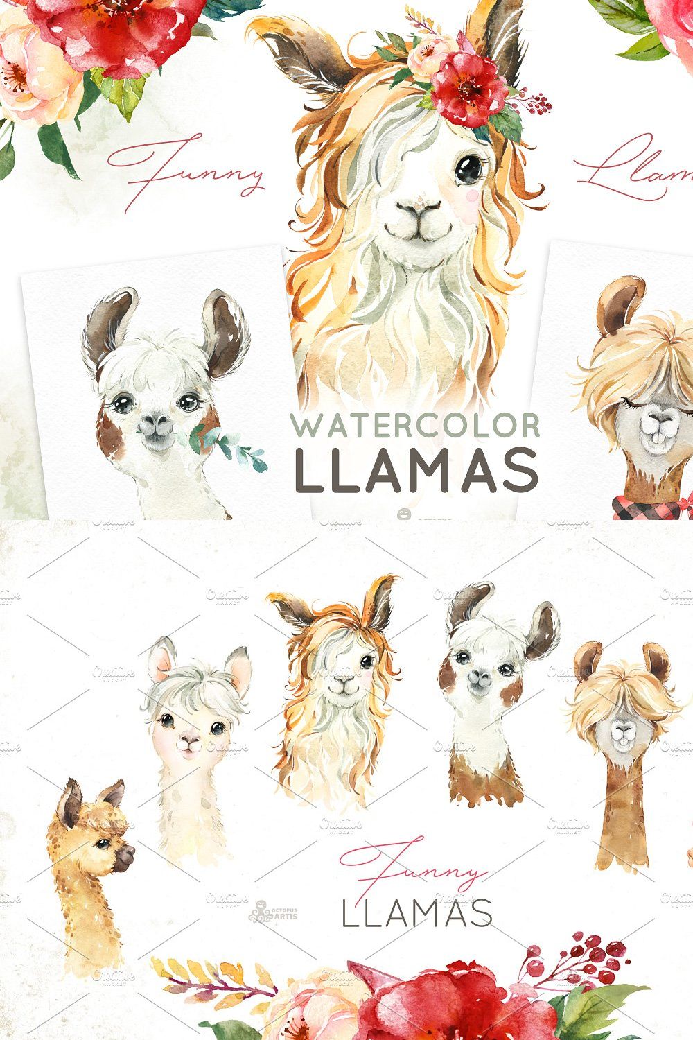 Llamas. Funny Watercolor Animals pinterest preview image.