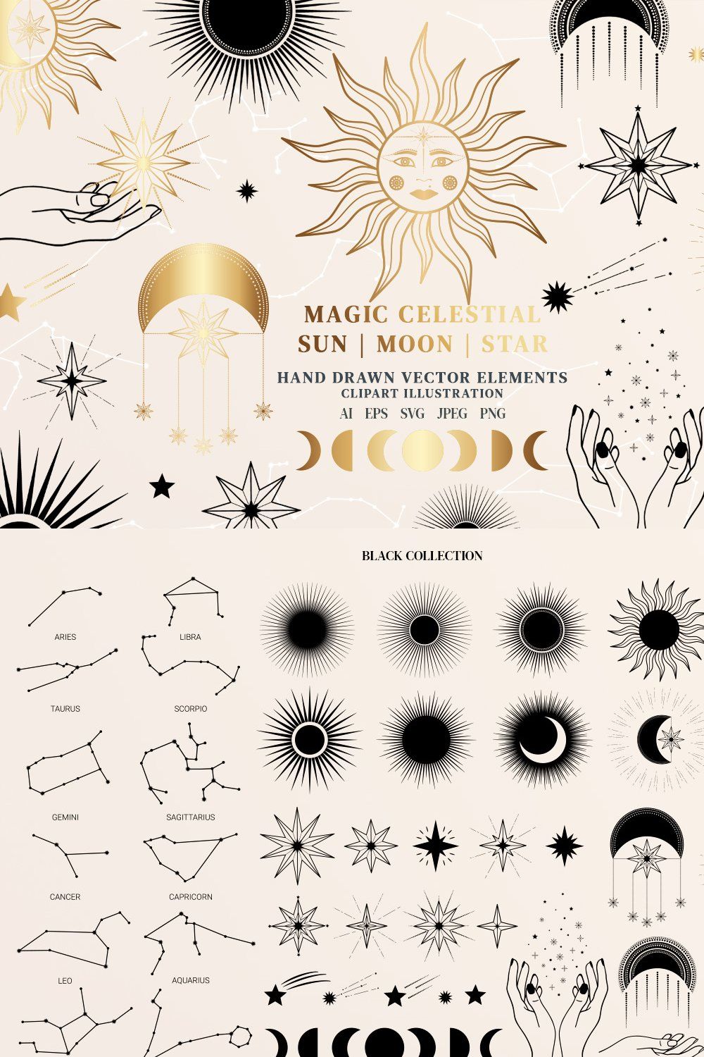 Magic Sun, Moon, Star, Constellation pinterest preview image.