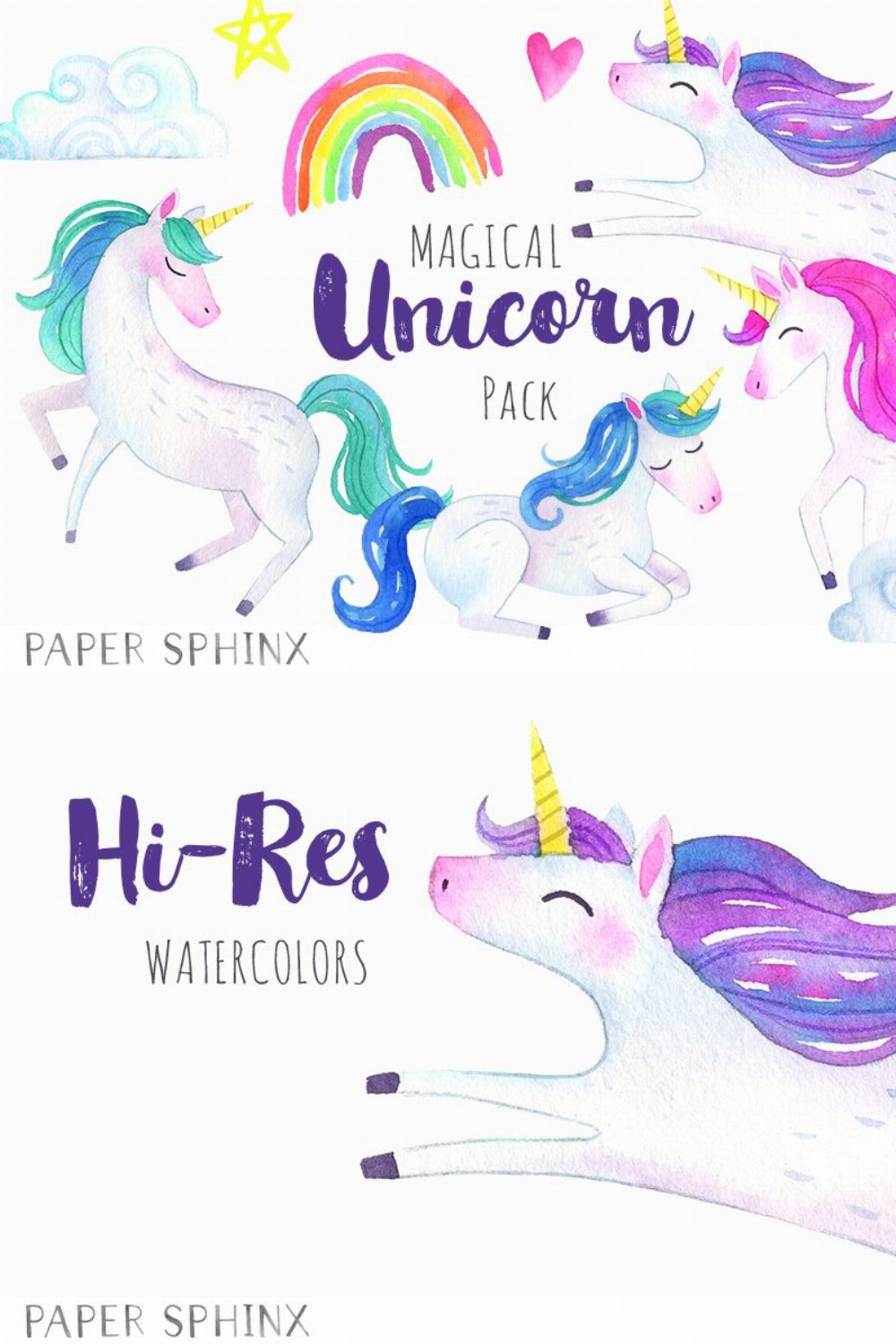 Magical Unicorns Watercolor Pack pinterest preview image.