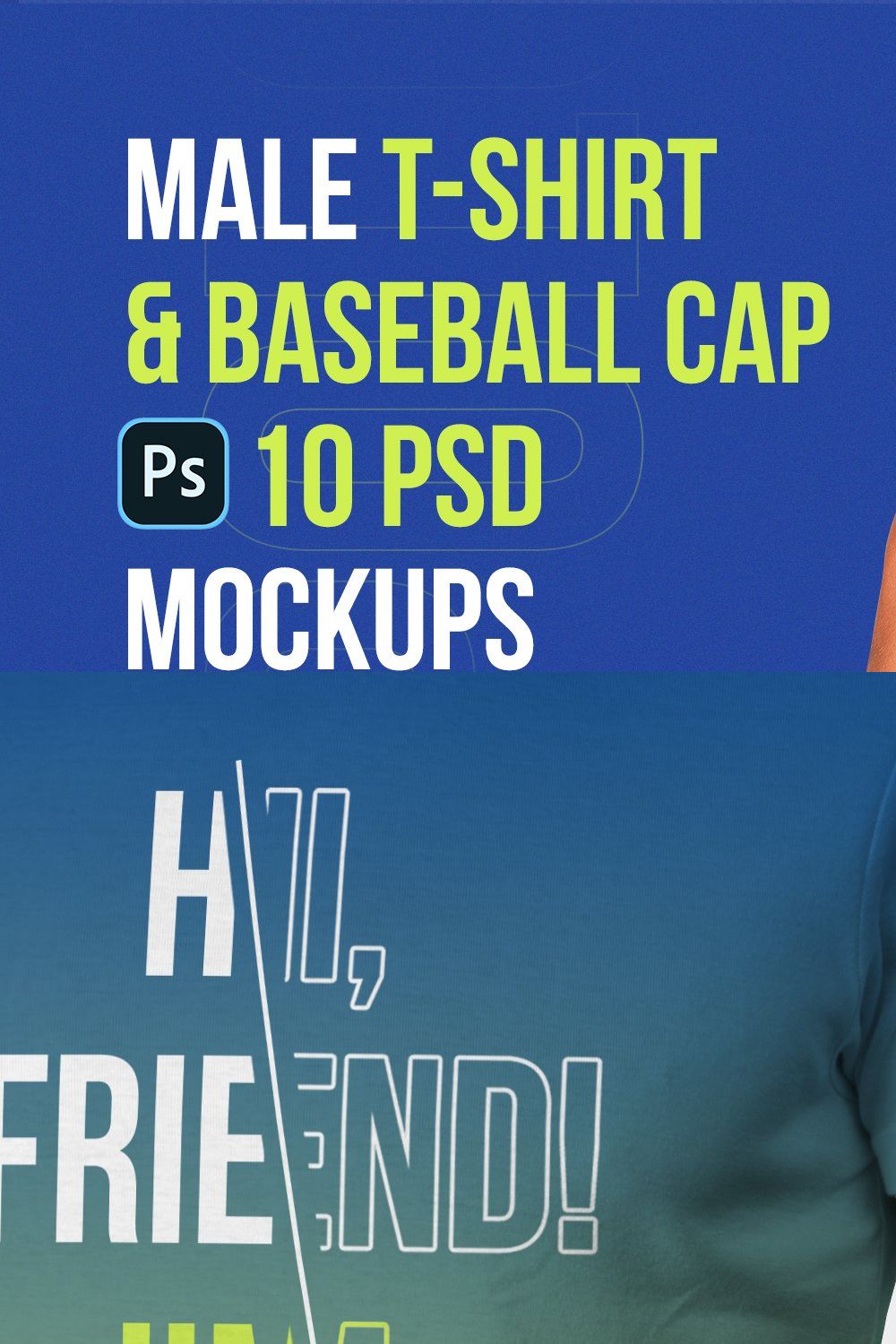 Male T-Shirt and Baseball Cap Mockup pinterest preview image.