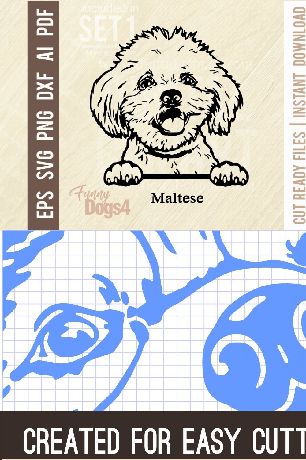Maltese Funny Dog SVG Stencil pinterest preview image.