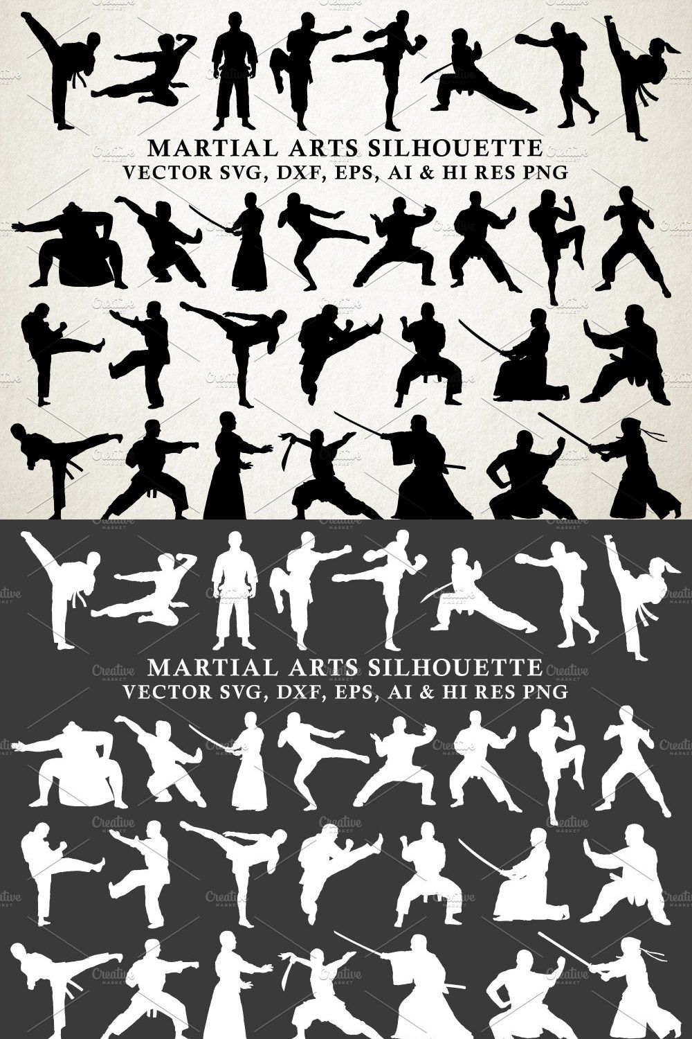 Martial Arts Silhouette Vector Pack pinterest preview image.