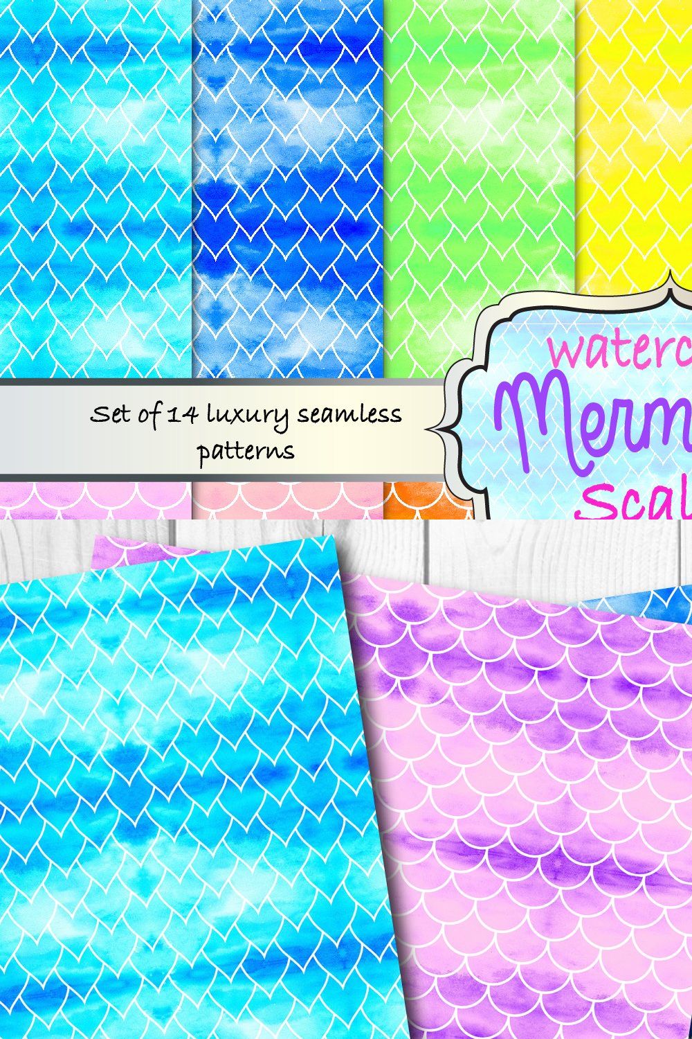 Mermaid scales rainbow pattern pack pinterest preview image.