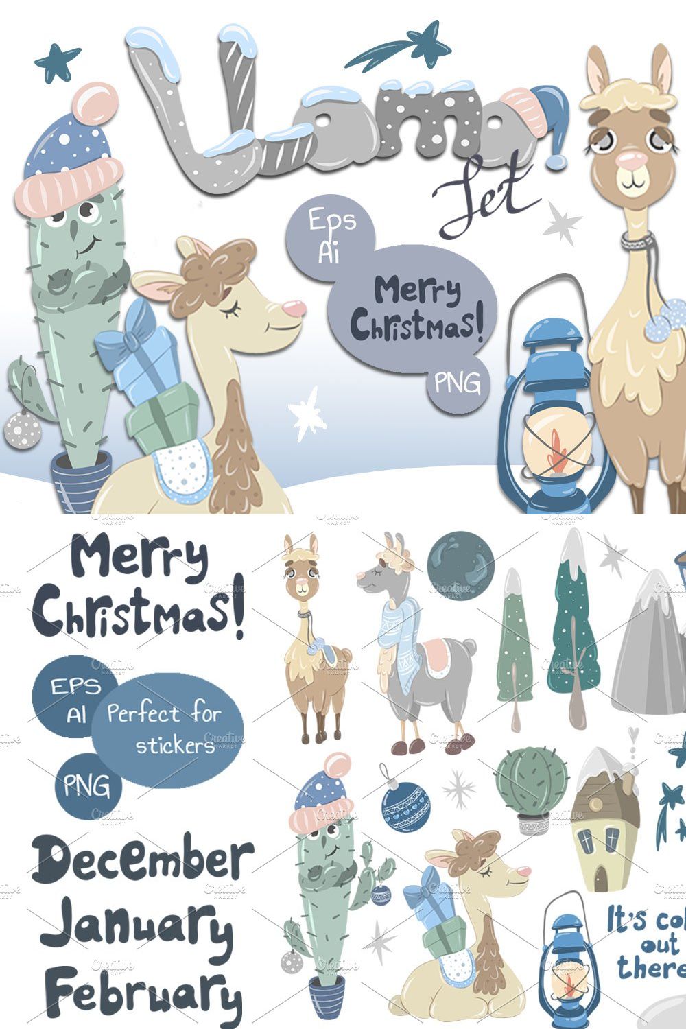 Merry Christmas Llamas vector kit pinterest preview image.