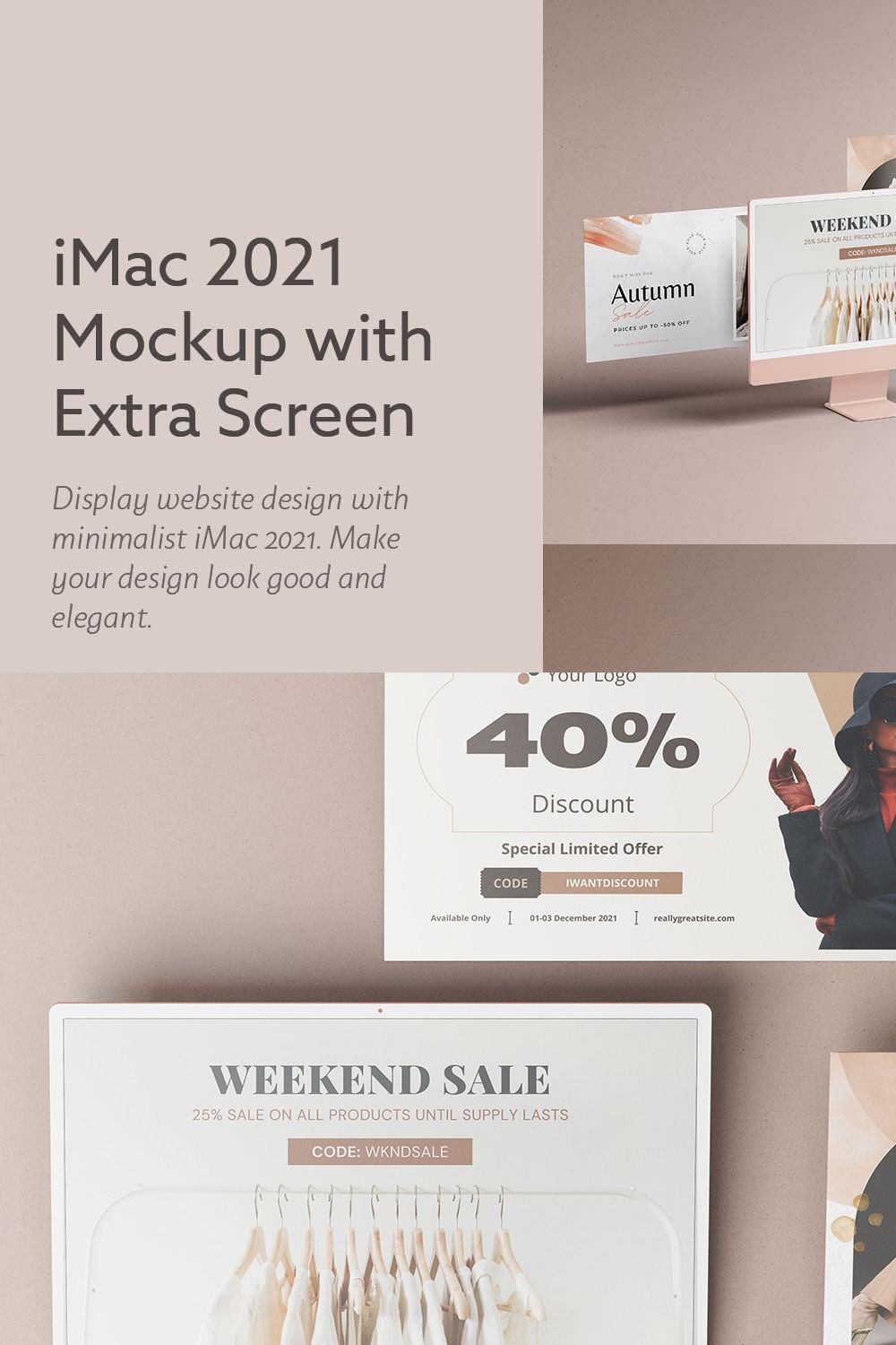 Minimal iMac 2021 M1 Screen Mockup pinterest preview image.