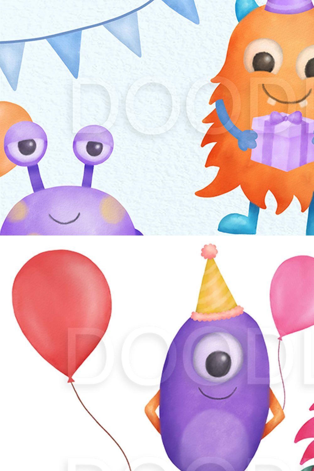 Monster Party Watercolor Clipart pinterest preview image.