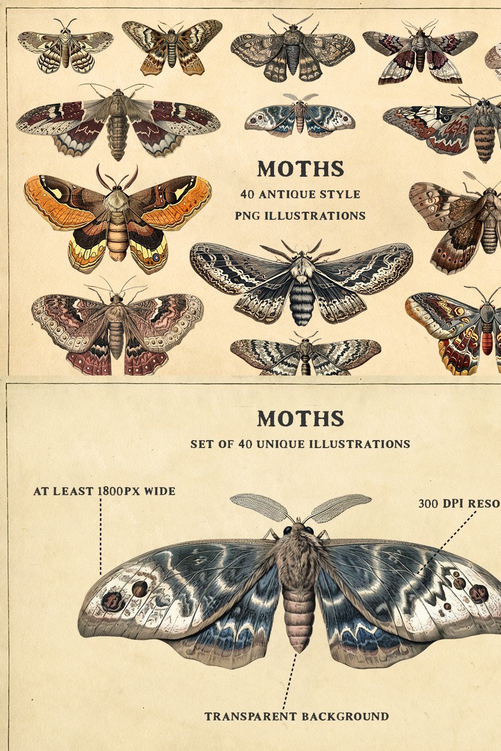Moths - 40 antique style PNG images pinterest preview image.