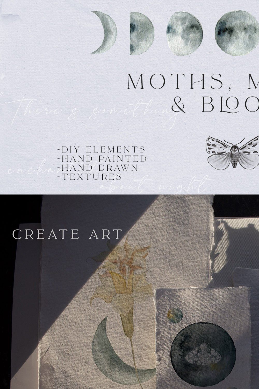MOTHS, MOONS & BLOOMS watercolor set pinterest preview image.