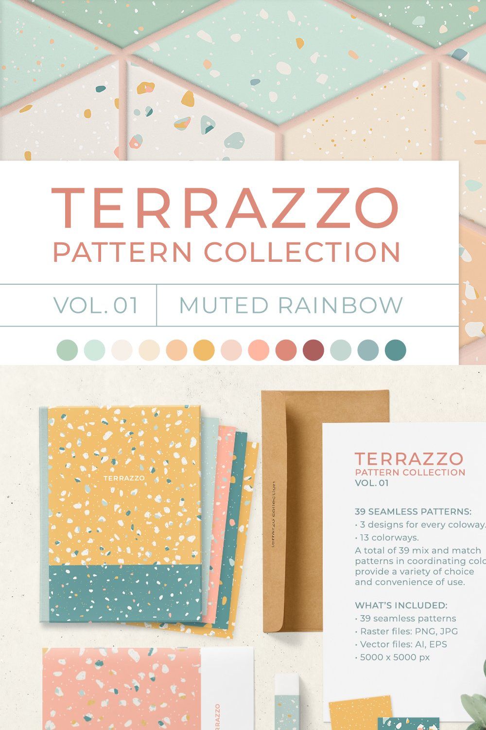 Muted Rainbow Terrazzo Patterns pinterest preview image.