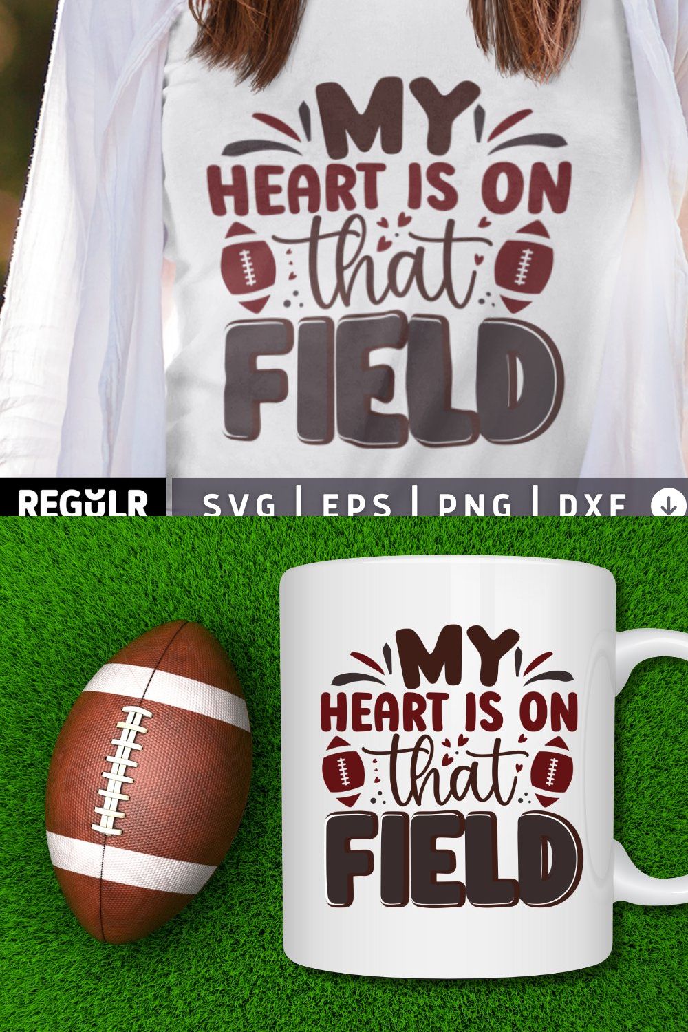 My heart is on that field SVG pinterest preview image.