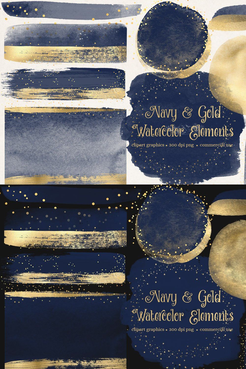 Navy and Gold Watercolor Elements pinterest preview image.