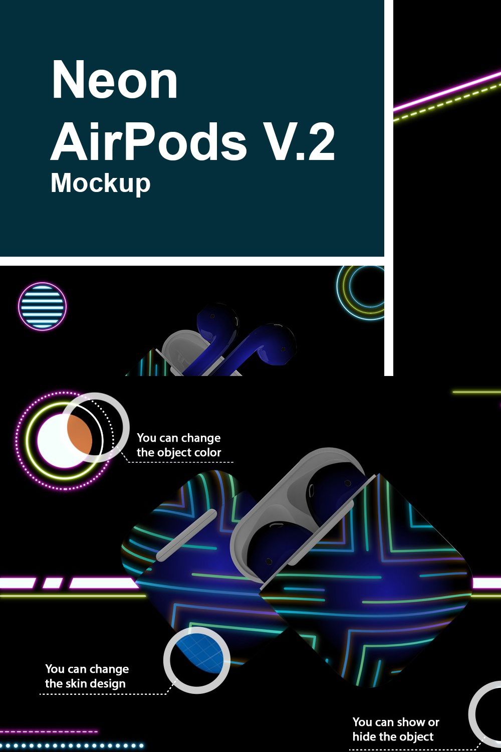 Neon Airpods mockup V.2 pinterest preview image.
