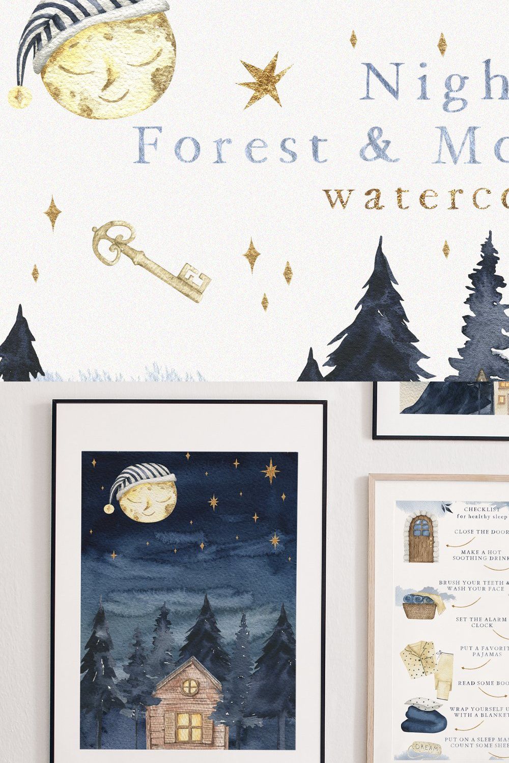 Night Forest & Mountains Watercolor pinterest preview image.