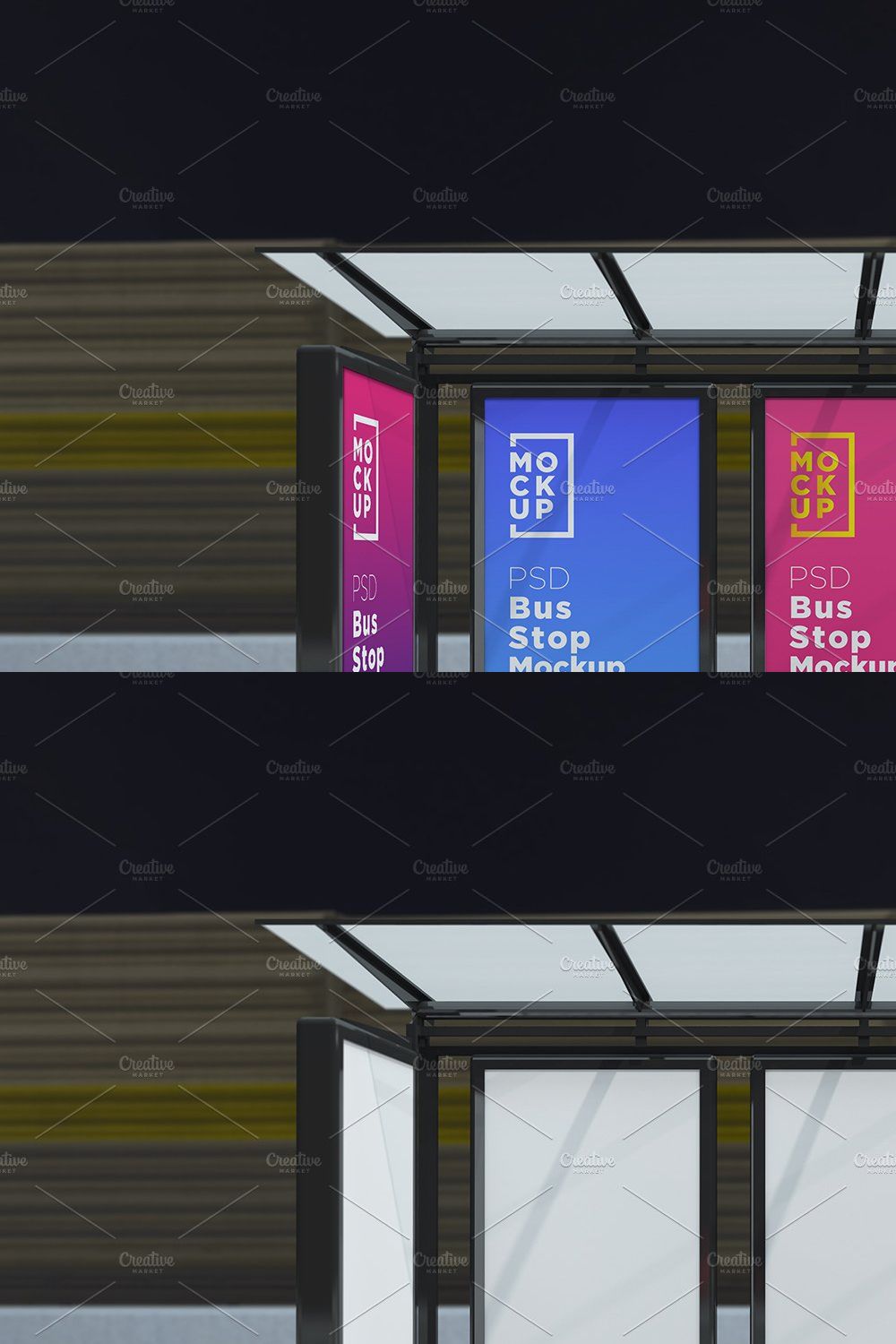 Night View Bus Stop 4 Signage Mockup pinterest preview image.