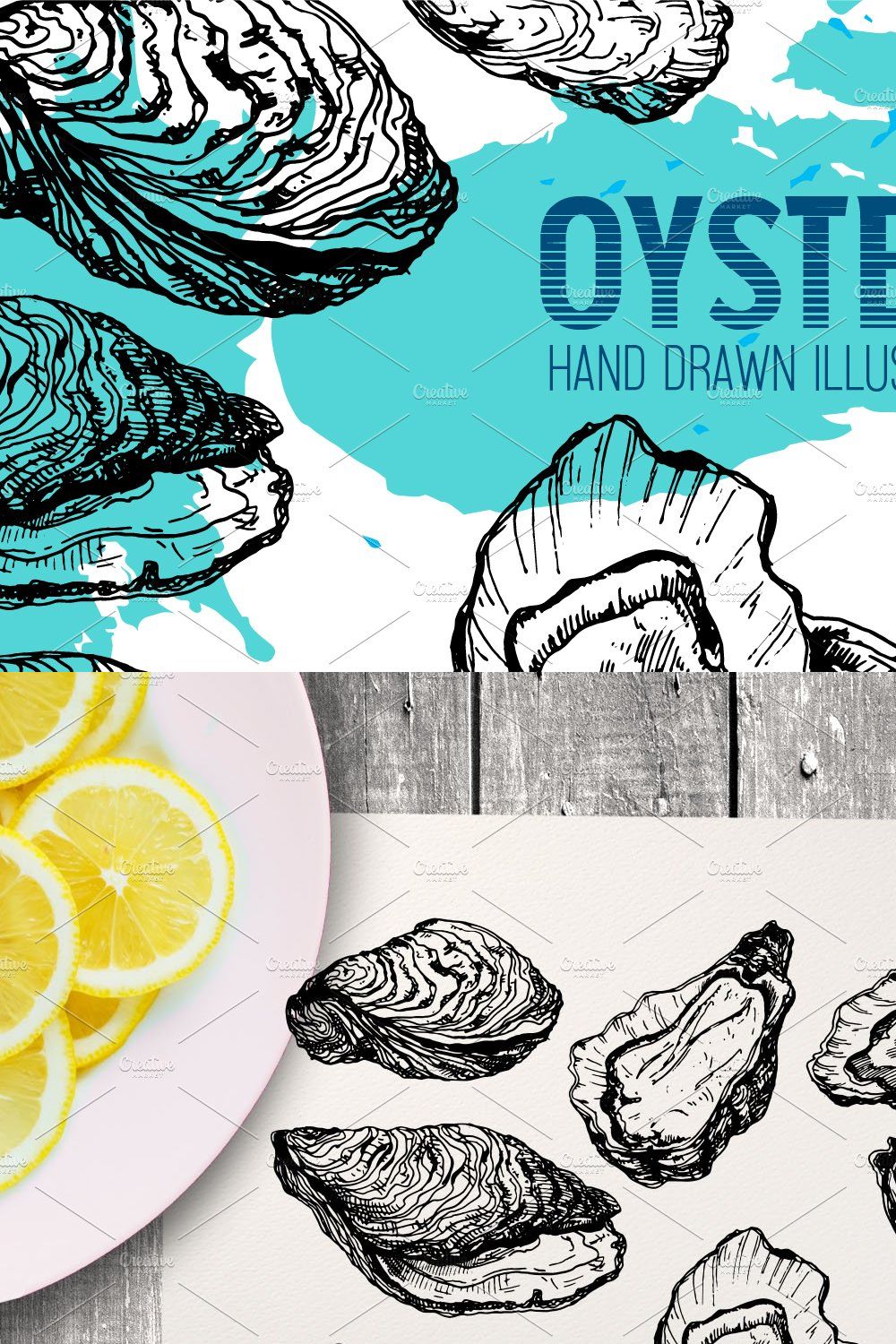 Oysters. Seafood engraving set pinterest preview image.