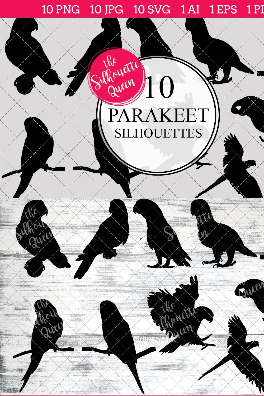 Parakeet Silhouette Vector Graphics pinterest preview image.