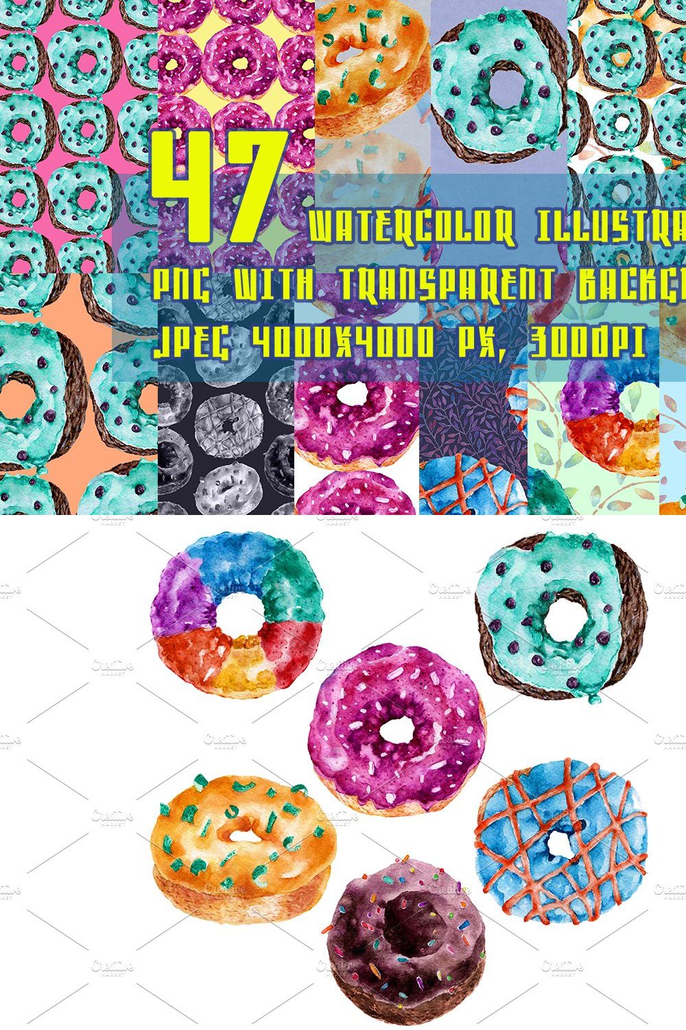 Patterns with watercolor donuts pinterest preview image.
