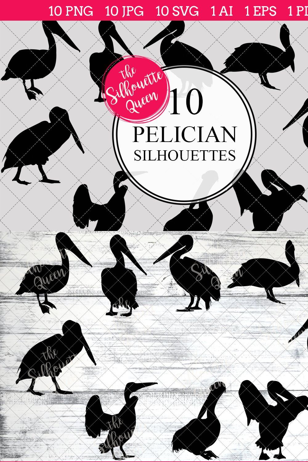 Pelician Silhouette Vector Graphics pinterest preview image.