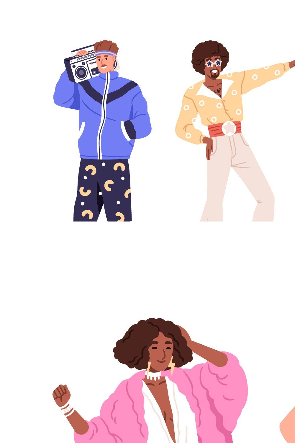 People in 80s fashion outfits set pinterest preview image.