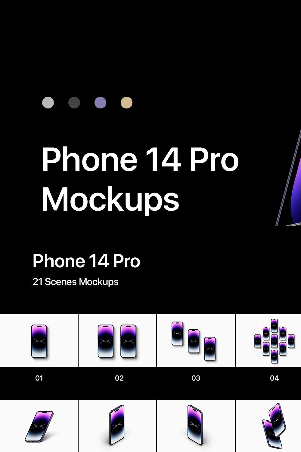 Phone 14 Pro - 21 Mockups Scenes pinterest preview image.
