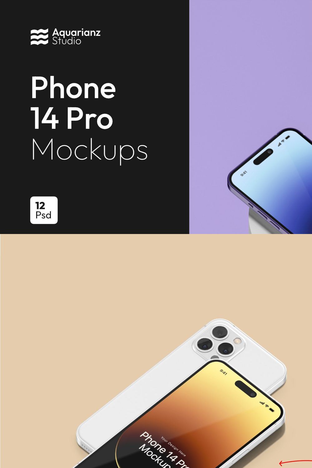 Phone 14 Pro Mockups pinterest preview image.
