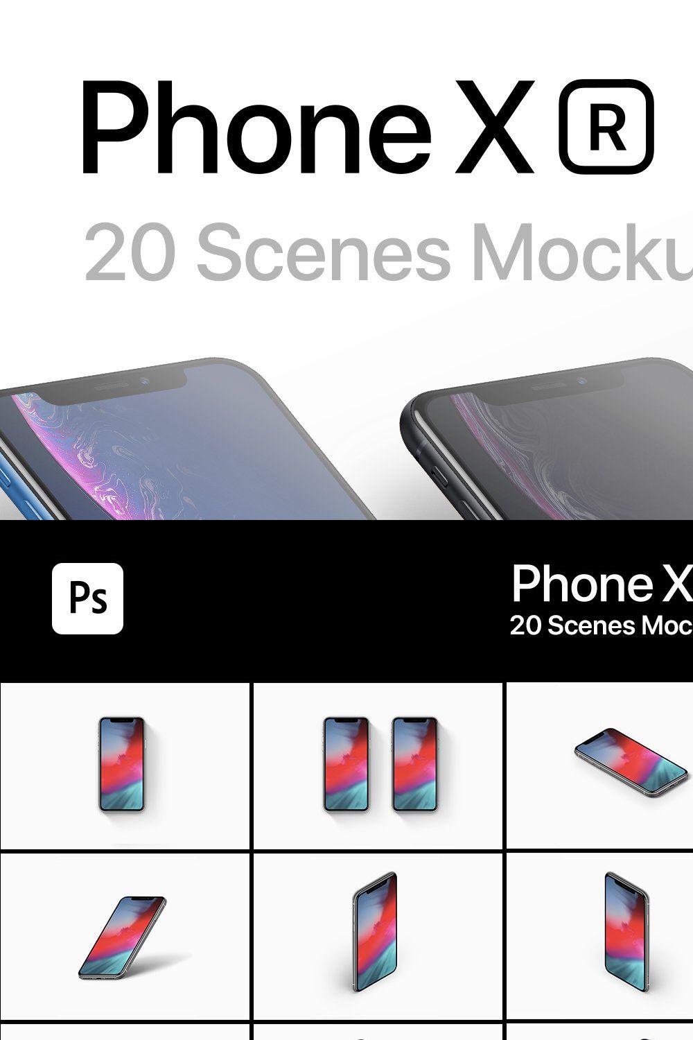 Phone XR 20 Mockups Scenes 5K - PSD pinterest preview image.