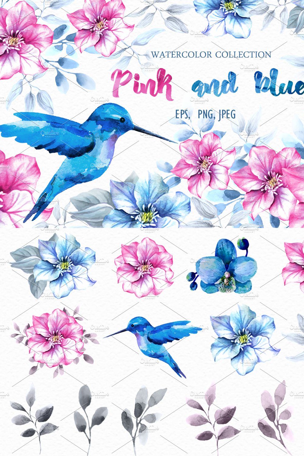 Pink and blue. Watercolor collection pinterest preview image.