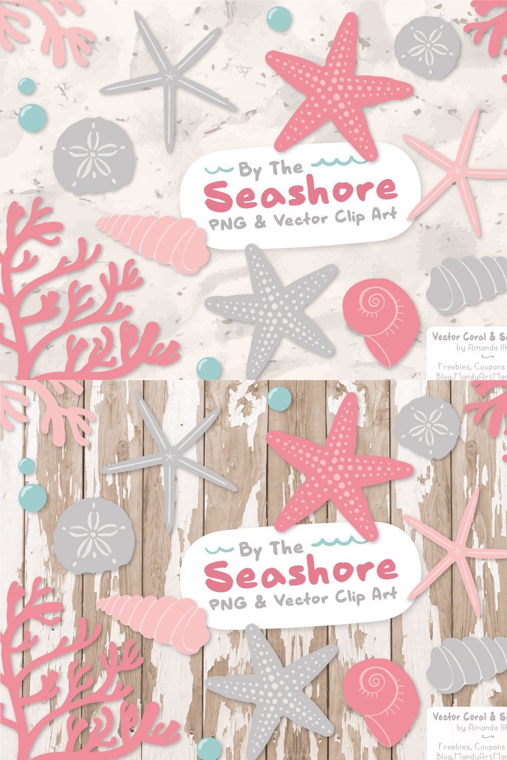 Pink & Grey Vector Seashells pinterest preview image.