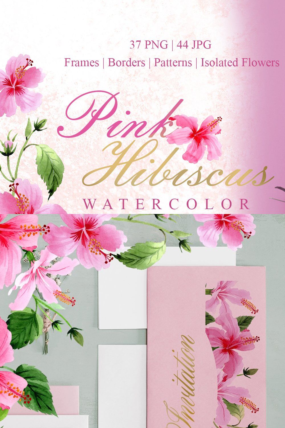 Pink Hibiscus Watercolor png pinterest preview image.