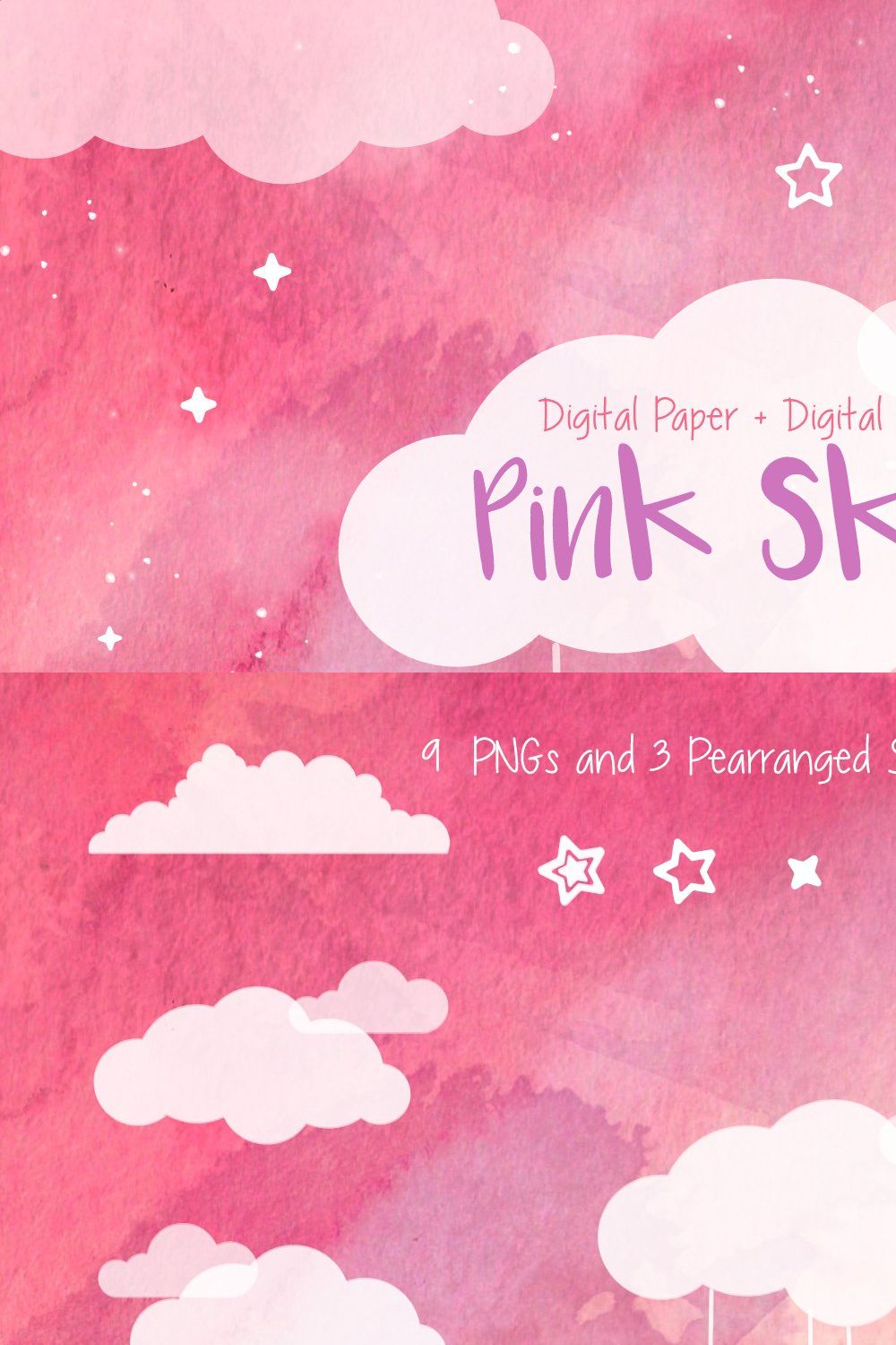 Pink sky,  Watercolor Stars & Clouds pinterest preview image.