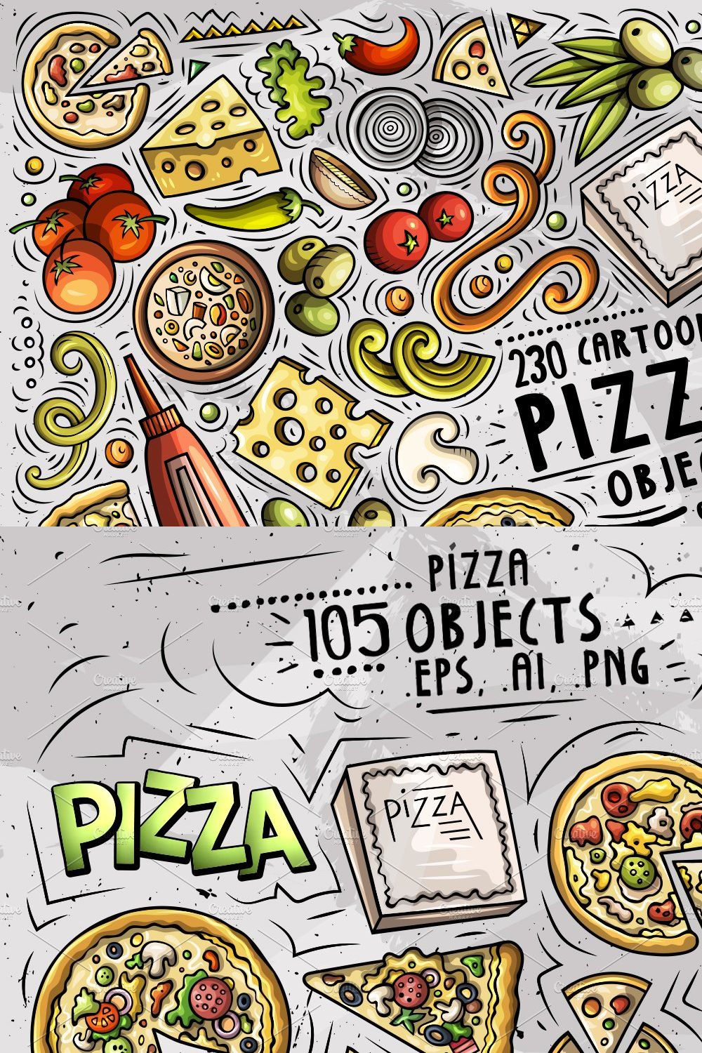 Pizza Cartoon Vector Objects Set pinterest preview image.