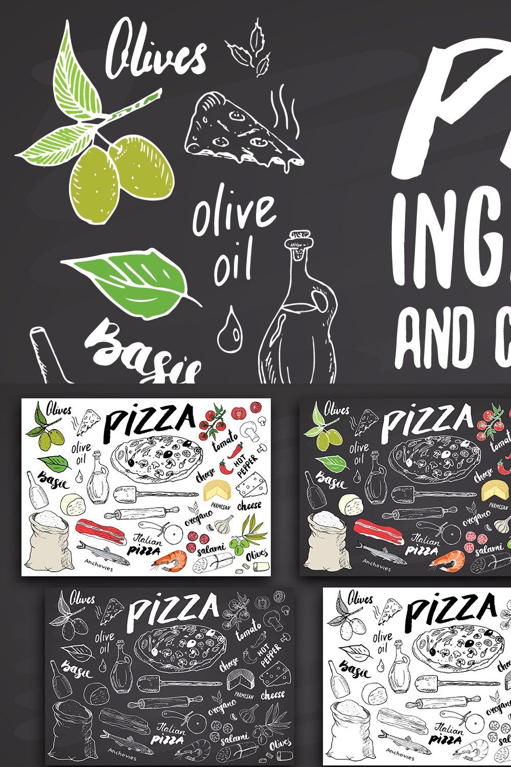 Pizza menu ingredients and patterns pinterest preview image.