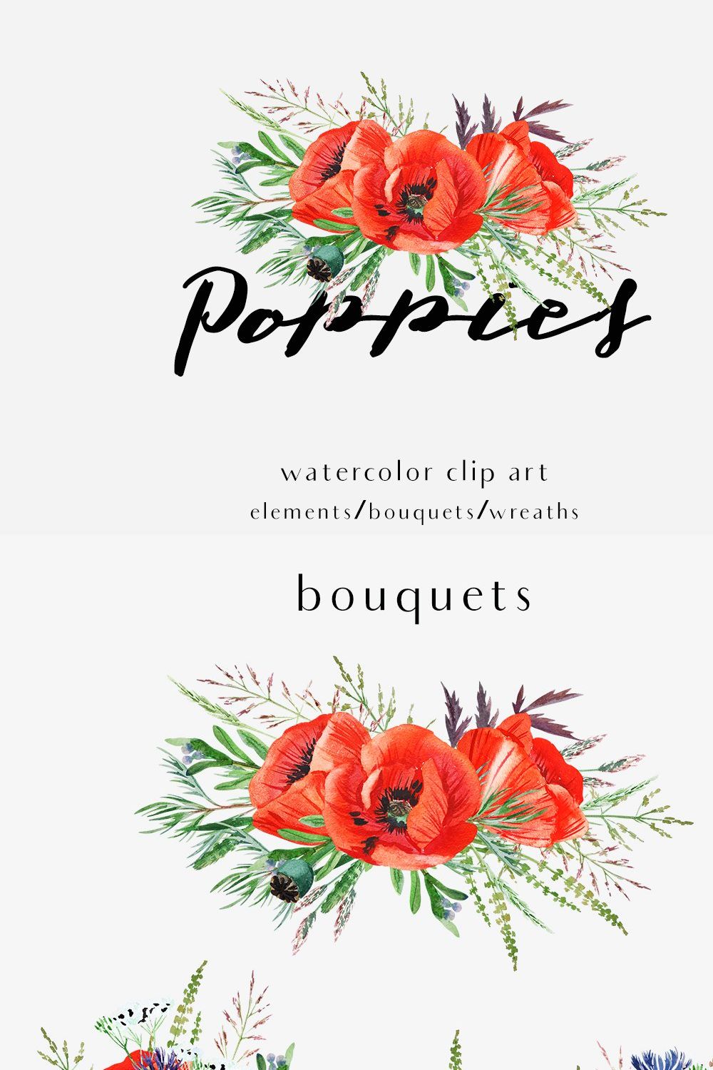 Poppies. Watercolor clip art. pinterest preview image.
