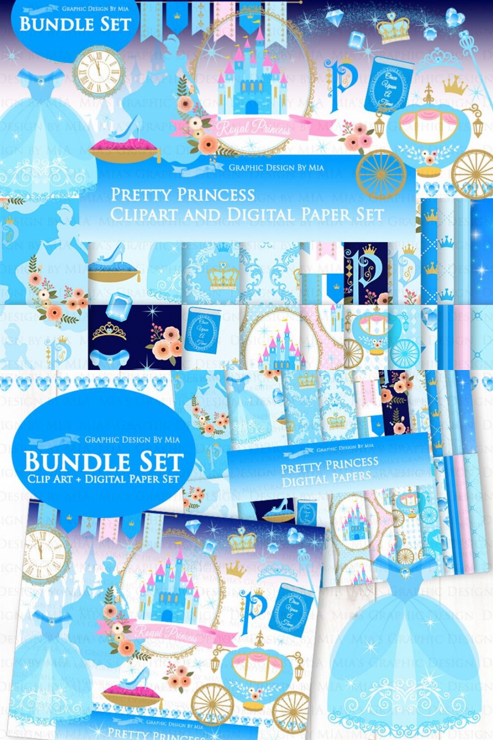 Princess Blue Clipart+Pattern set pinterest preview image.