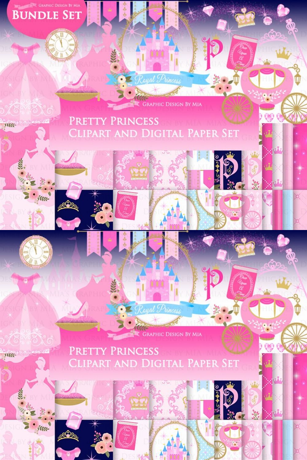 Princess Pink Clipart+Pattern set pinterest preview image.