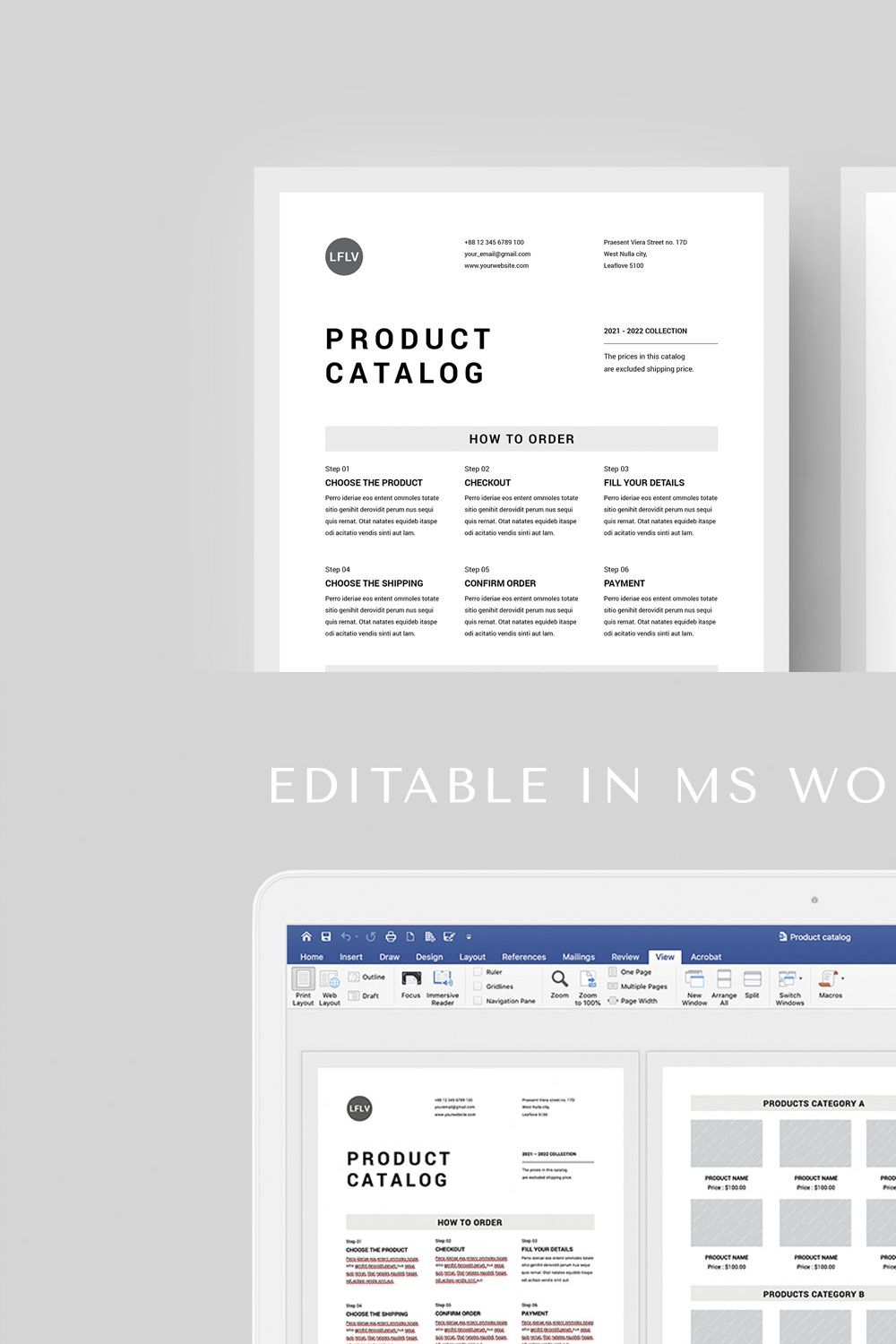 Product Catalog | MS Word & Indesign pinterest preview image.