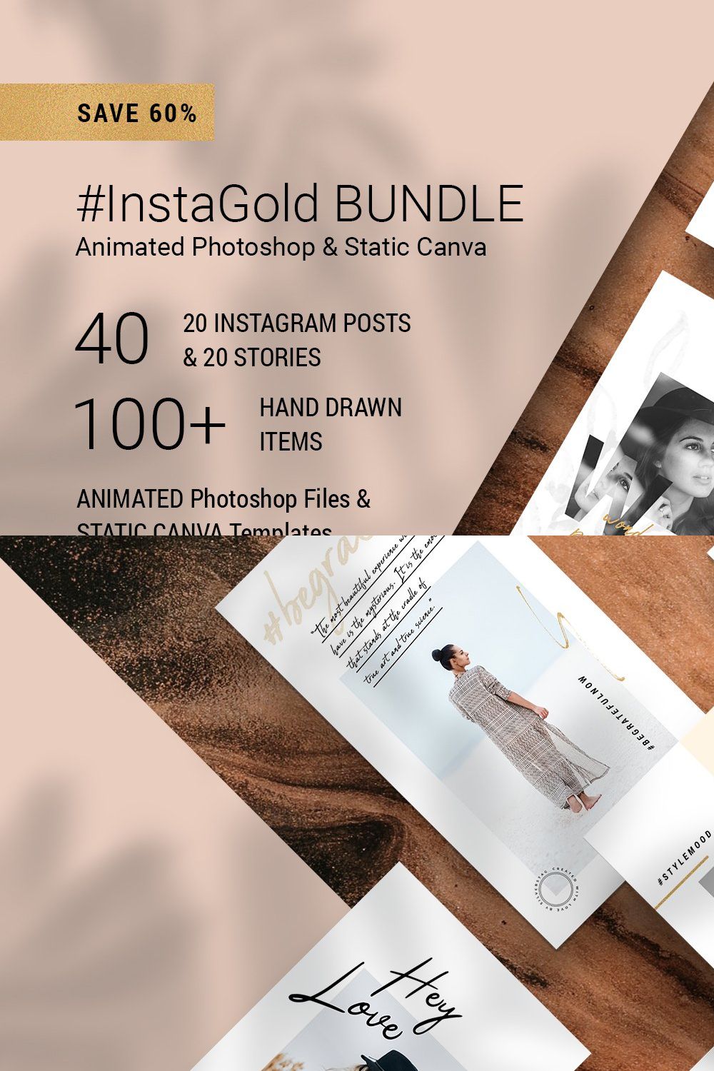 PS & Canva #InstaGold Bundle 60% OFF pinterest preview image.