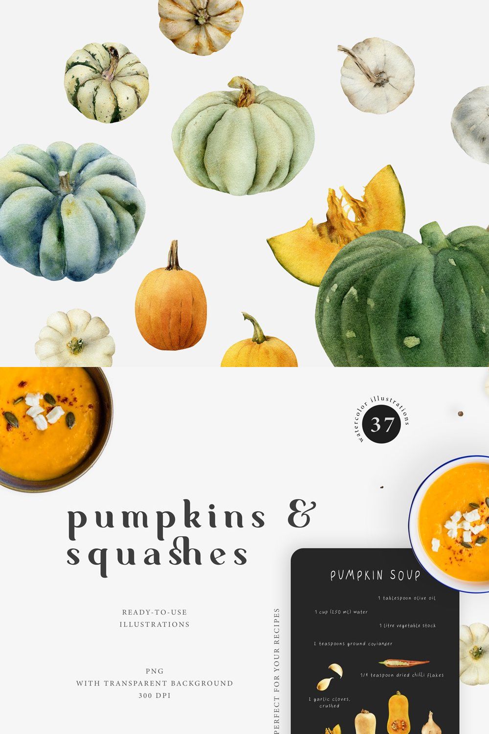 Pumpkin watercolor set. Fall clipart pinterest preview image.