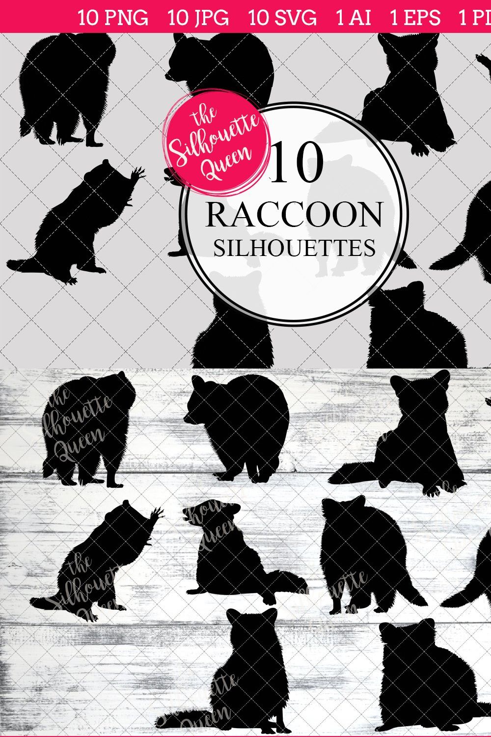 Raccoon Silhouette Vector Graphics pinterest preview image.