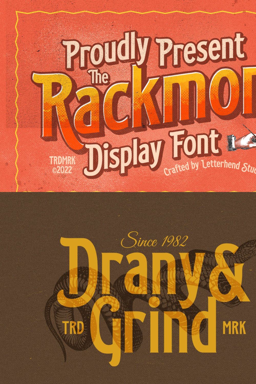 Rackmon - Vintage Display Font pinterest preview image.