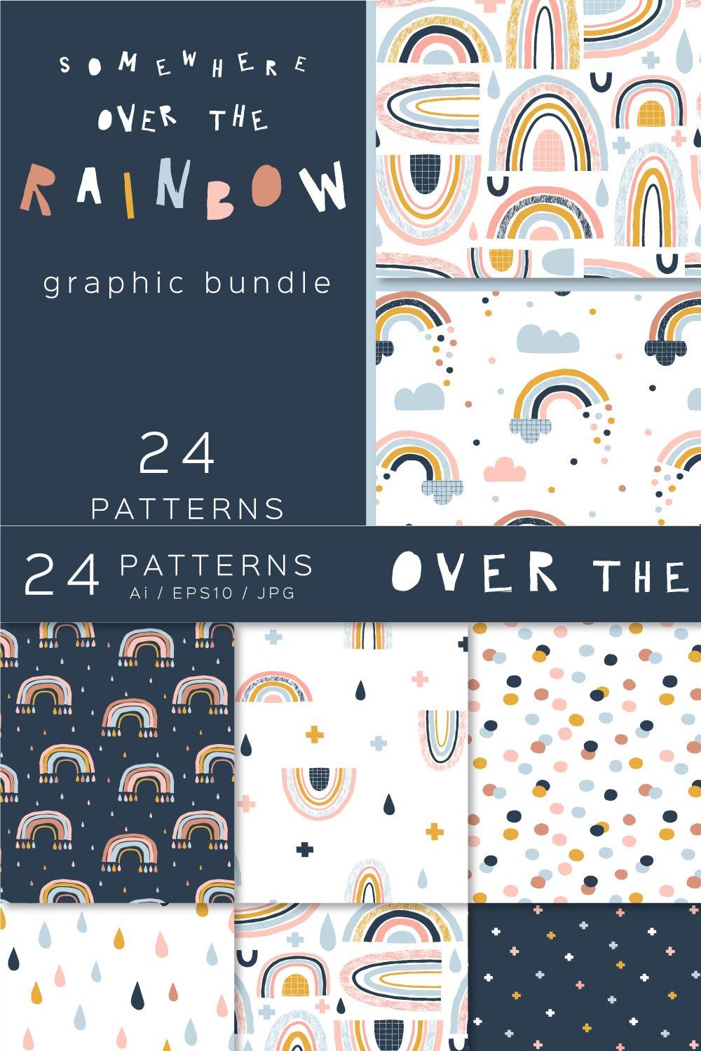 Rainbow clipart & pattern set pinterest preview image.